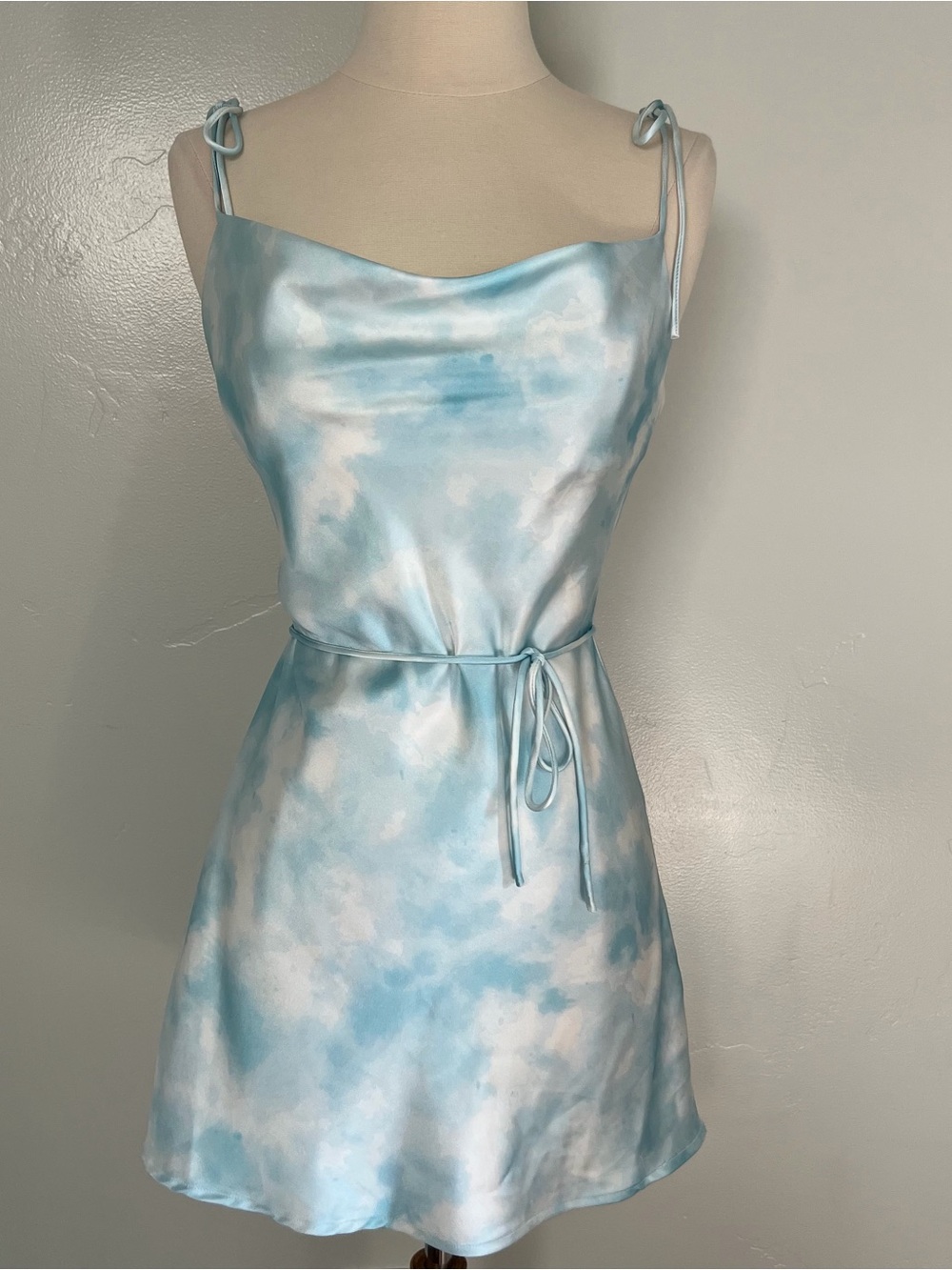 White Fox Boutique Blue Cloud Satin Tie Strap Cowl Neck Mini Dress Size XS